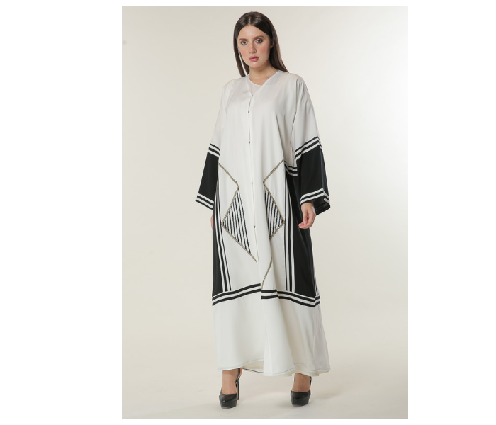 Moistreet Small White Abaya with Black Stripes and Golden Handwork - Zoom Image 1