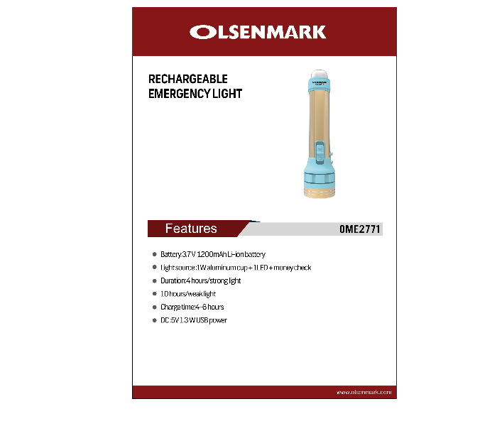 Olsenmark OME2771 Rechargeable Emergency Light - Beige - Zoom Image 2