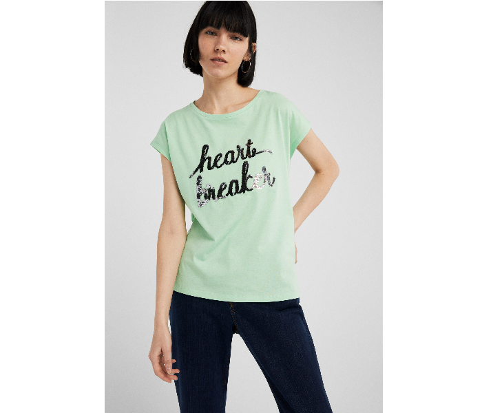 Springfield AW19 Short Sleeve Fancy T-Shirt Large For Women - Light Green - Zoom Image 1