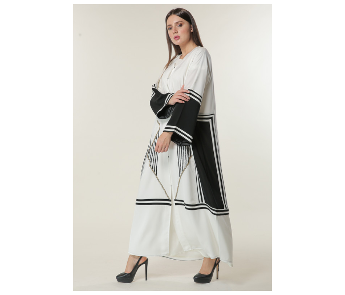 Moistreet Medium White Abaya with Black Stripes and Golden Handwork - Zoom Image 2