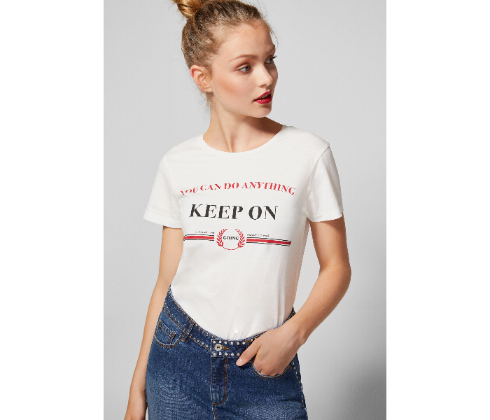 Springfield AW18 Short Sleeve Printed T-Shirt X-Small For Women - Cream - Zoom Image 2