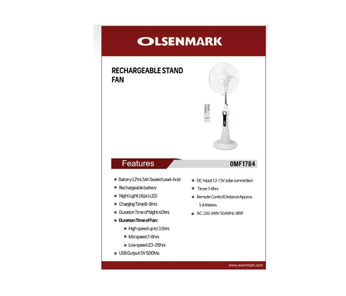 Olsenmark OMF1784 Rechargeable Stand Fan - White - Zoom Image 2