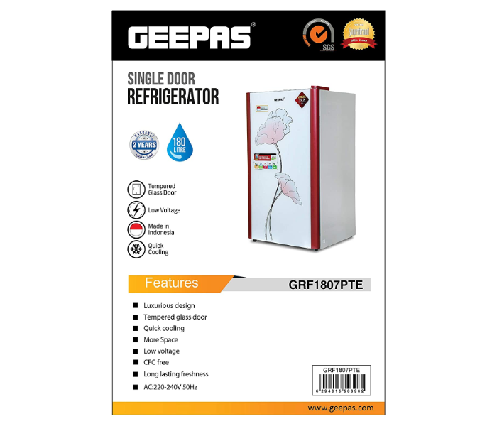 Geepas GRF1807PTE 180 Litres Defrost Single Door Refrigerator - White and Red - Zoom Image 3