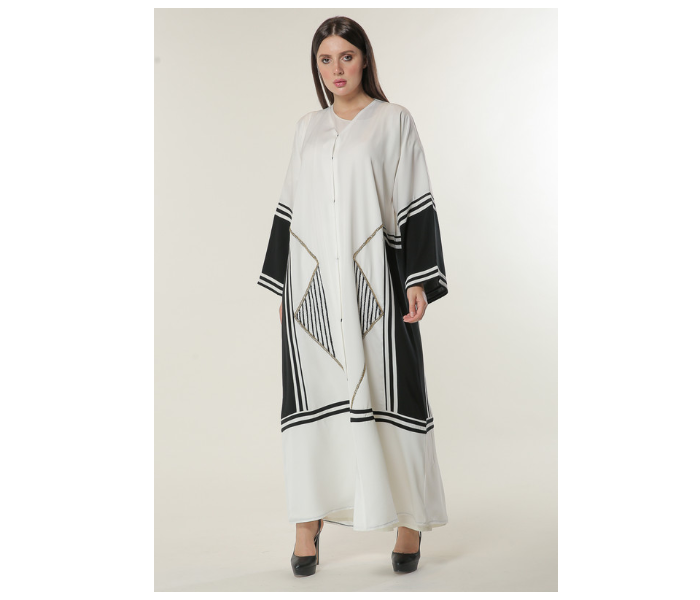 Moistreet Extra Small White Abaya with Black Stripes and Golden Handwork - Zoom Image 1