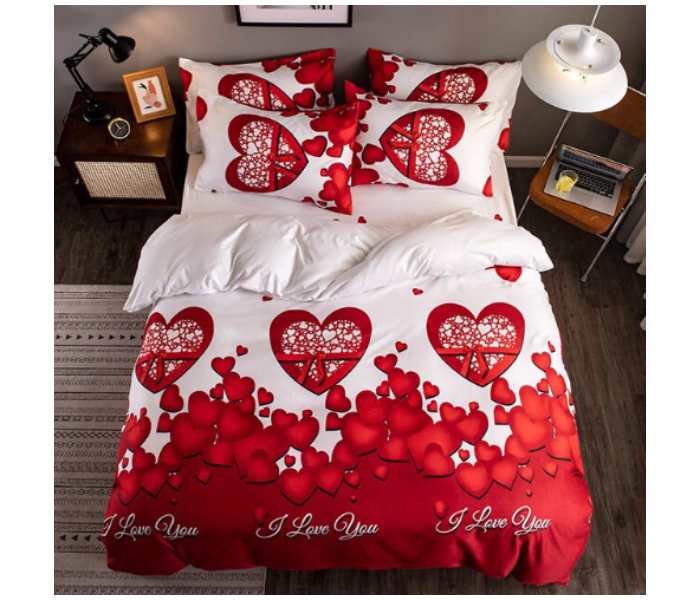 I Love You 6 Pieces High Quality Cotton Double Size Bed Sheet with Quilt Cover and Pillow Case – Red and White - Zoom Image 1