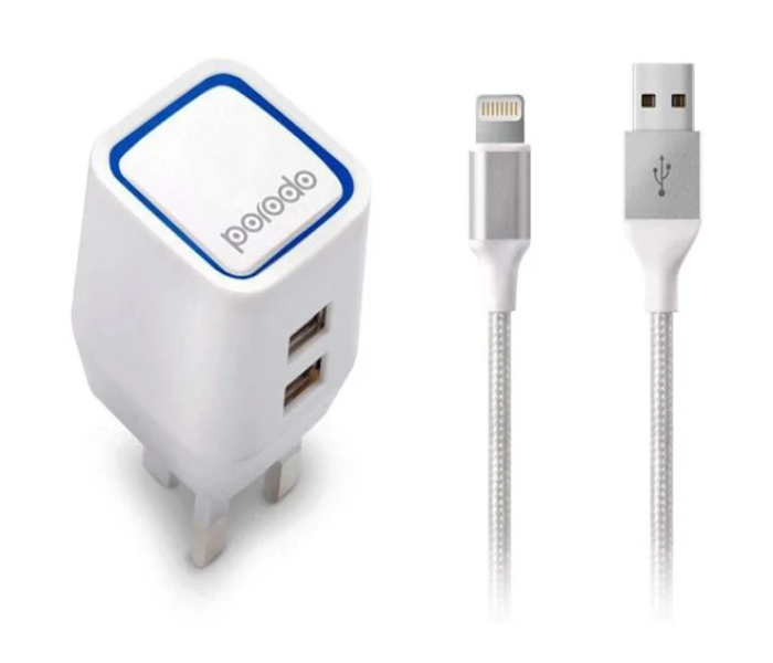 Porodo 2.4A Dual USB Wall Charger with Lightning Cable - White - Zoom Image