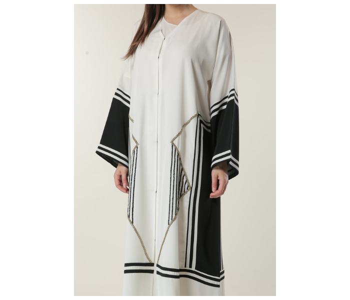 Moistreet Extra Small White Abaya with Black Stripes and Golden Handwork - Zoom Image 3