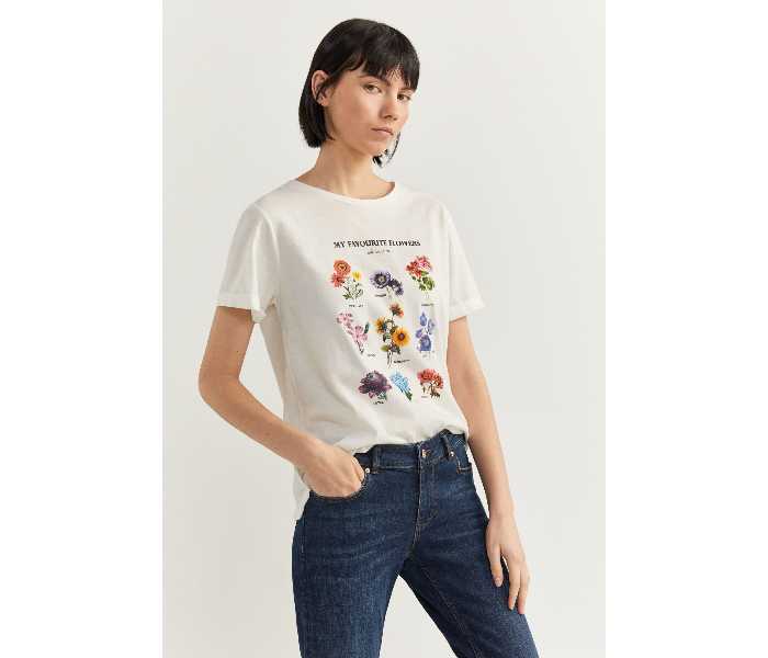 Springfield SS20 Short Sleeve T-Shirt With Flowers Design X-Small For Women - White - Zoom Image 1