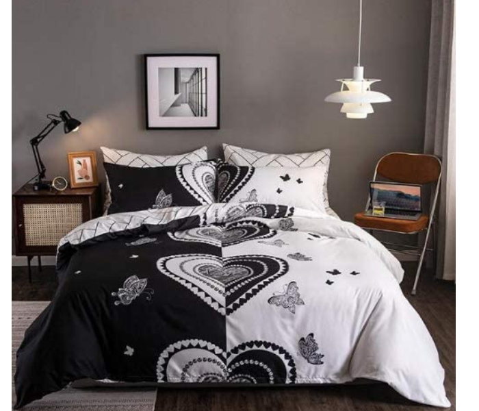 Dual Colour 6 Pieces High Quality Cotton Double Size Bed Sheet with Quilt Cover and Pillow Case – Black and White - Zoom Image 2