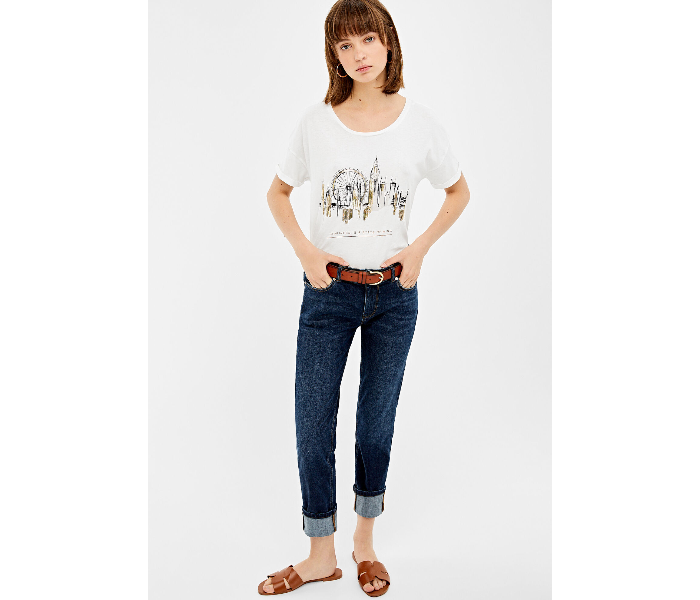 Springfield AW19 Short Sleeve Fancy T-Shirt Large For Women - White And Beige - Zoom Image 3