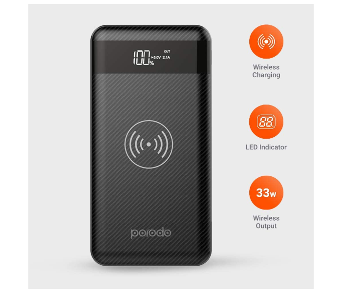 Porodo 10000mAh Slim Wireless PowerBank with Lightning Type-C and Micro USB Input - Black - Zoom Image 1