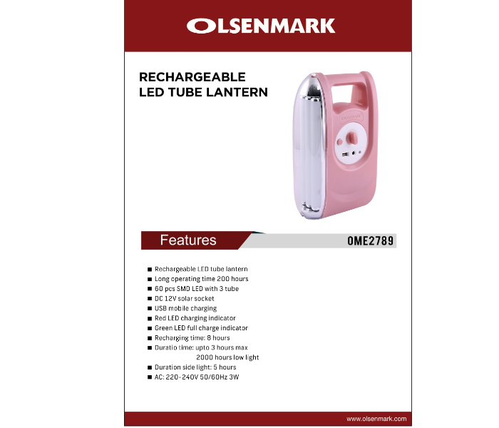 Olsenmark OME2789 Rechargeable LED Tube Lantern - Pink - Zoom Image 2