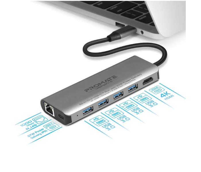 Promate All In One USB-C HUB With 87W Power Delivery 4K HDMI RJ45 Ethernet Port 4USB Ports - Black and Silver - Zoom Image 2