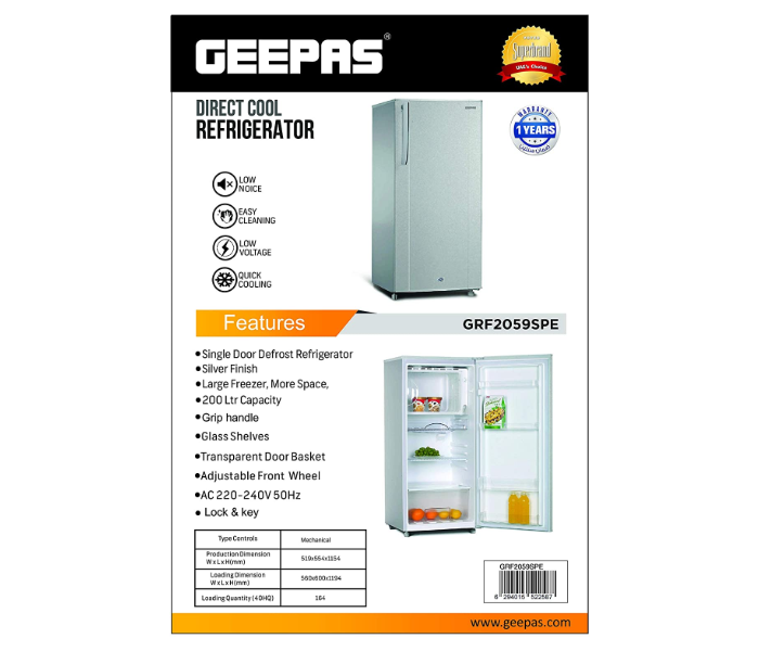 Geepas GRF2059SPE 220 Litres Defrost Single Door Refrigerator - Silver - Zoom Image 3