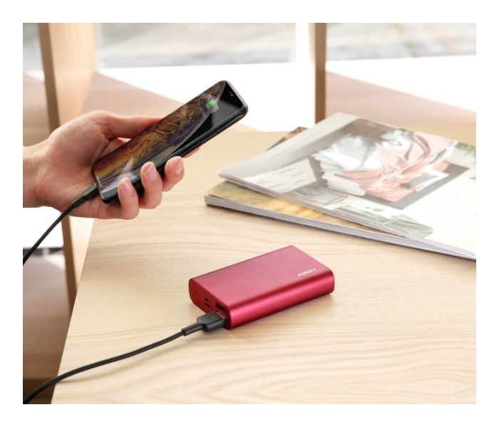 Aukey XD12R 10000mAh Aluminium USB-C Power Bank Quick Charge 3.0 1 x USB-A to USB-C Cable - Red - Zoom Image 2