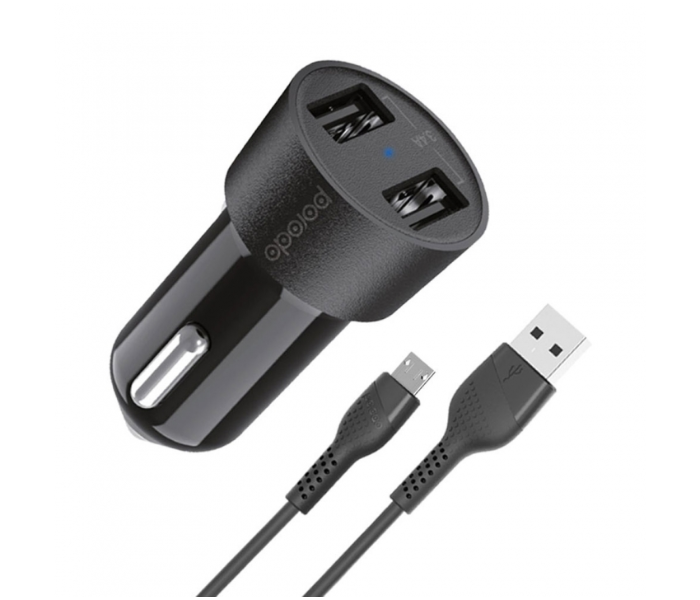 Porodo 3.4A Dual USB Car Charger with 1.2Meter Micro USB Cable - Black - Zoom Image