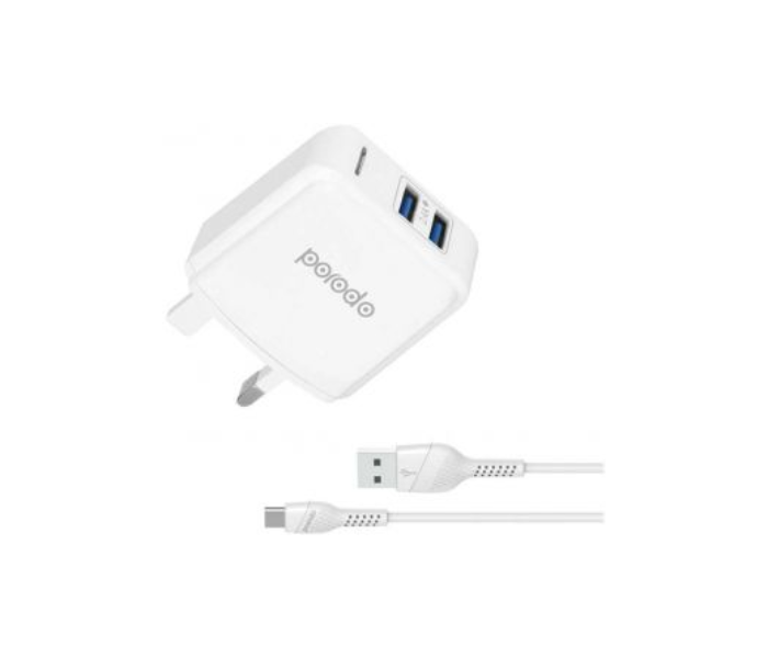 Porodo 2.4A Dual Port Fast Charging Wall Charger with Lightning Cable - White - Zoom Image