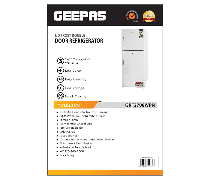 Geepas GRF2708WPN 270 Litres NoFrost Double Door Refrigerator - White - Zoom Image 2