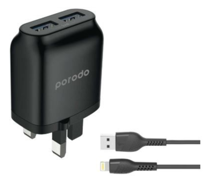 Porodo 2.4A Dual Port Fast Charging Wall Charger with Type-C Cable - Black - Zoom Image