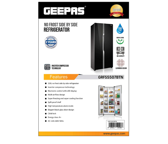 Geepas GRFS5507BTN 550L Side By Side No Frost Refrigerator, Black - Zoom Image 5