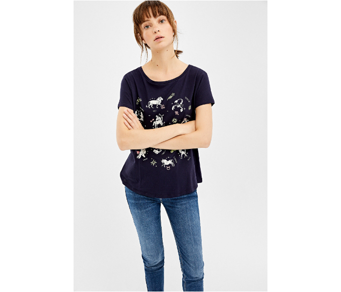 Springfield Short Sleeve Printed T-Shirt Large For Women - Blue - Zoom Image 3