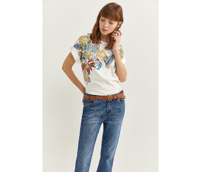 Springfield Short Sleeve Printed T-Shirt Small For Women - Beige - Zoom Image 3