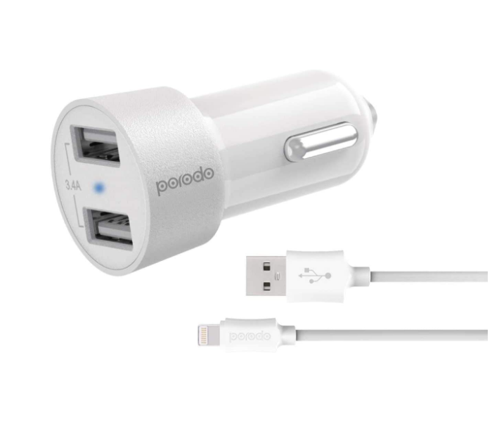 Porodo 3.4A Dual USB Car Charger with 1.2Meter Lightning Cable - White - Zoom Image