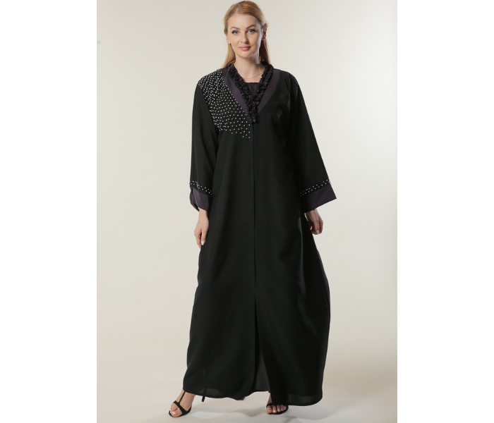 Moistreet Double XL Black Abaya with Pleated Collar and Hand Embroidery - Zoom Image 1