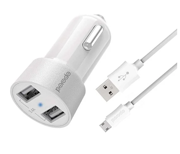 Porodo 3.4A Dual USB Car Charger with 1.2Meter Type-C Cable - White - Zoom Image