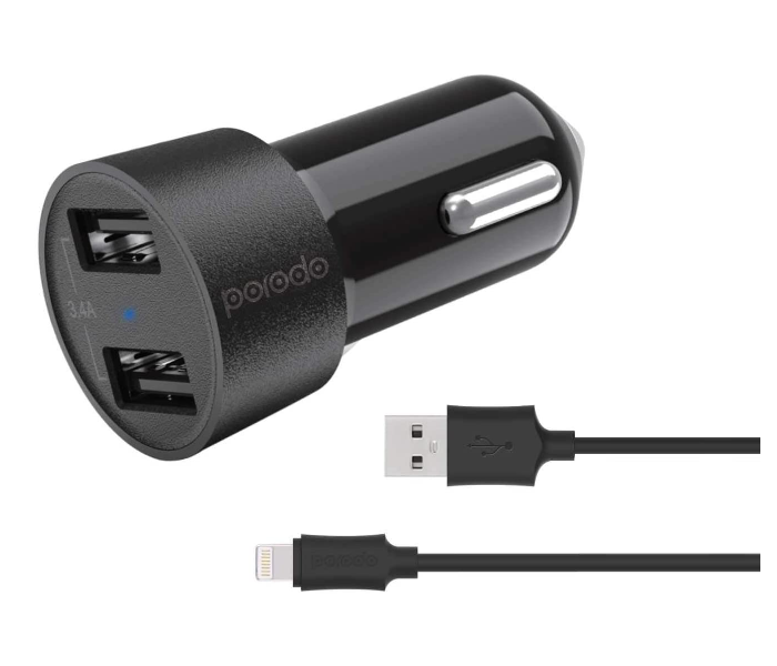 Porodo 3.4A Dual USB Car Charger with 1.2Meter Lightning Cable - Black - Zoom Image