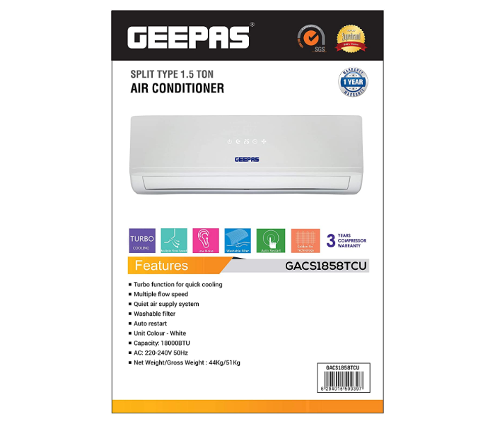 Geepas GACS1858TCU 1.5 Ton Split Type Air Conditioner - White - Zoom Image 2