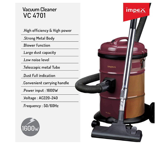 Impex VC-4701 Multi-Purpose Dry Vacuum Cleaner - Maroon - Zoom Image 2