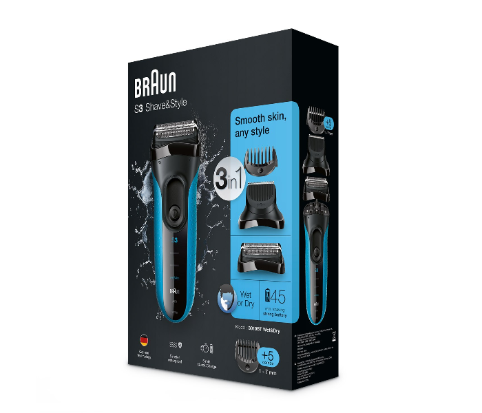 Braun 3010BT Series 3 Wet and Dry Shaver With Trimmer Head - Blue - Zoom Image 5