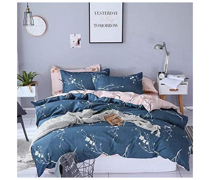 Floral Lines 6 Pieces High Quality Cotton Double Size Bed Sheet with Quilt Cover and Pillow Case – Indigo Blue - Zoom Image