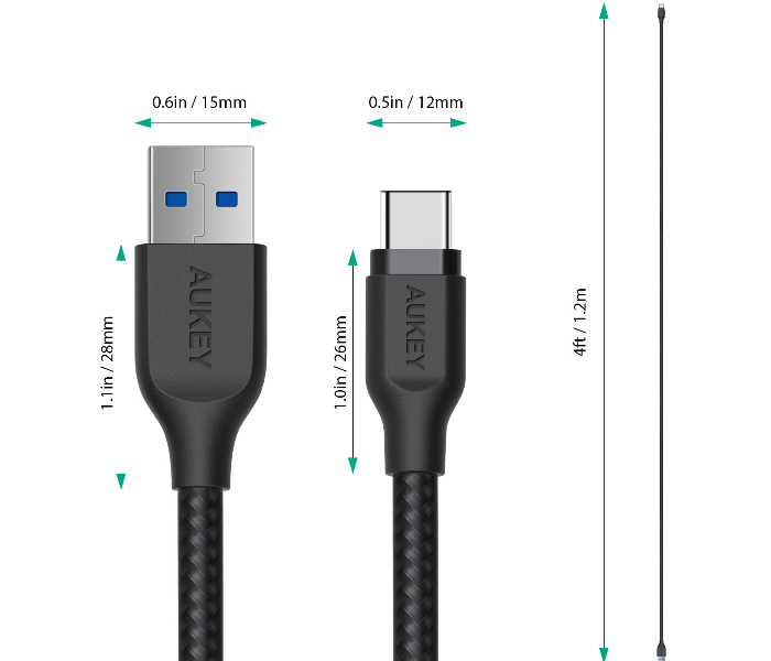 Aukey AC1B 1.2m USB Type C Braided Cable Aluminum Head - Black - Zoom Image 2