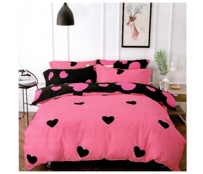 AMH 6 Pieces Striped Design Cotton Double Size Bed Sheet with Quilt Cover & Pillow Case - Pink and Black - Zoom Image