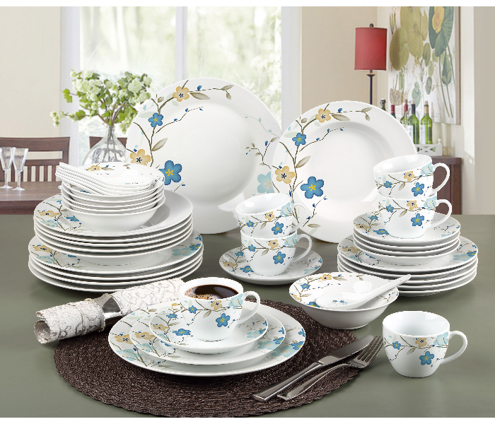 RYB 103HHL00673 E10-110531 Royal Blue Ceramic Floral Dinner Set Regular 42 pcs - White and Blue - Zoom Image