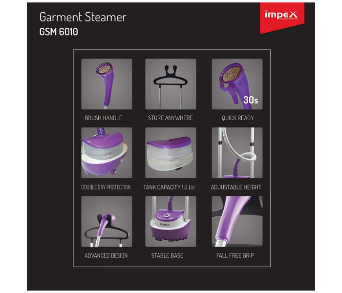 Impex GSM-6010 1.5 Litre Garment Steamer with Temperature Control System - Purple - Zoom Image 6