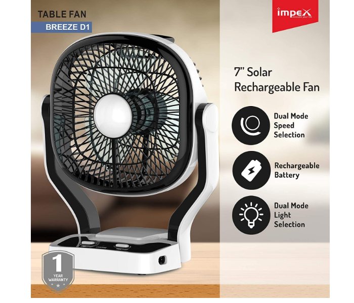 Impex Breeze-D1 Solar Rechargeable Table Fan with LED Light - Black - Zoom Image 2