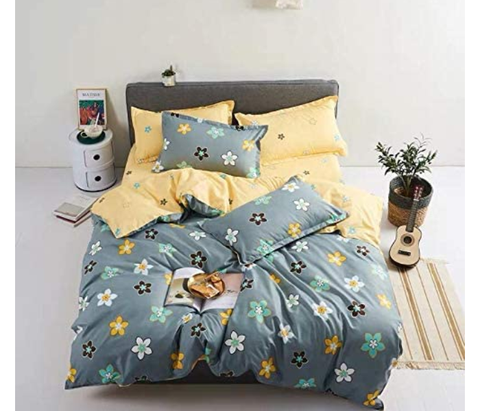 Flower 6 Pieces High Quality Cotton Double Size Bed Sheet with Quilt Cover and Pillow Case – Grey and Yellow - Zoom Image 1