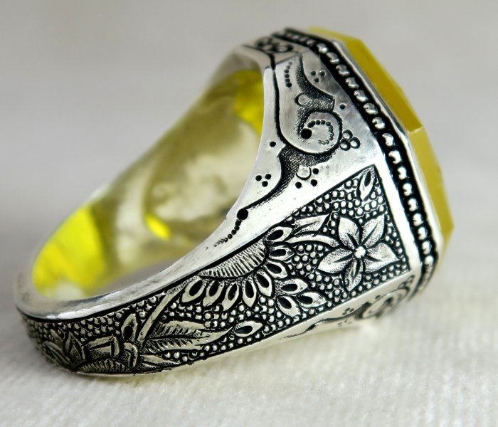 Handmade 925 Streling Silver Mens Ring with Yemeni Agate Aqeeq Stone - Yellow - Zoom Image 3