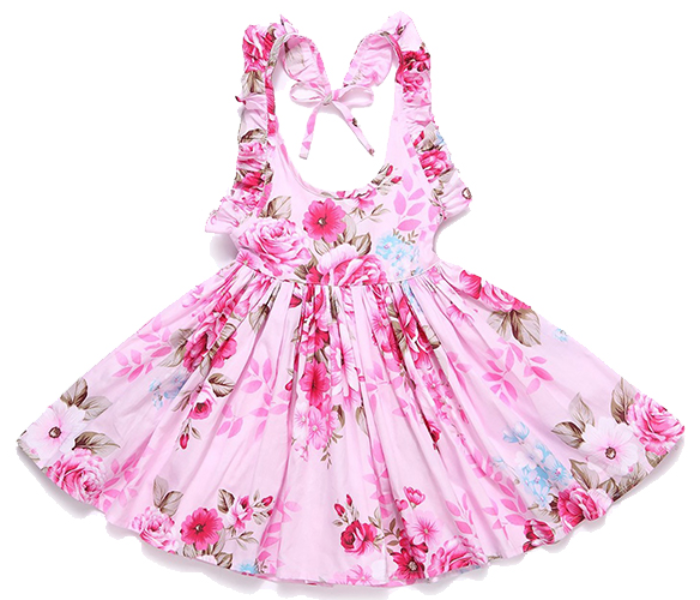 Little Wings Summer Beach Style 5 Years Floral Print Party Backless Frock - Pink - Zoom Image