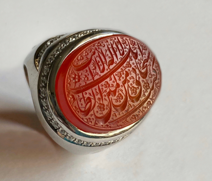 Handmade 925 Streling Silver Mens Ring with Yemeni Agate Aqeeq Stone - Red - Zoom Image 2