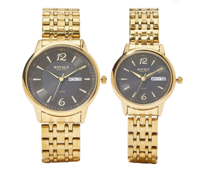 Royale Executive RE025 2 Piece Classic Metal Analog Couple Watch - Black and Gold - Zoom Image 1