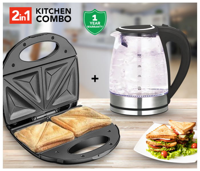 Belaco BK-111 1.7 Litre Glass Kettle with LED and Belaco BS-107S Two Slice Sandwich Toaster Machine - 750 Watts - Zoom Image