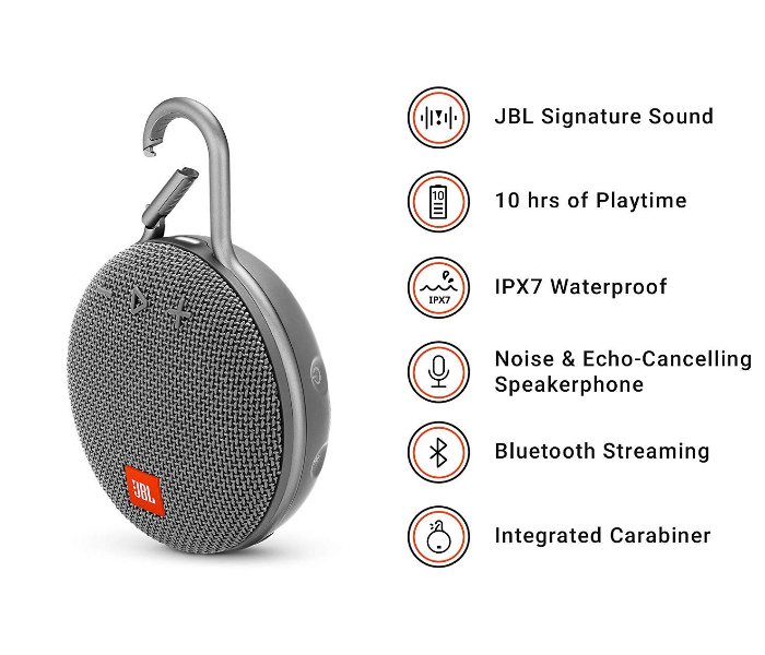 JBL Clip 3 Portable Waterproof Bluetooth Speaker - Grey - Zoom Image 2