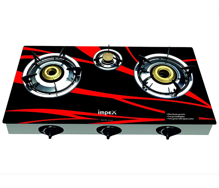 Impex IGS 1213 F Gas Stove 3 Burner - Red and Black - Zoom Image