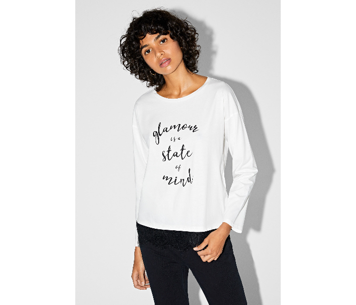 Springfield Printed Long Sleeve T-Shirt Large For Women - White and Black - Zoom Image 1