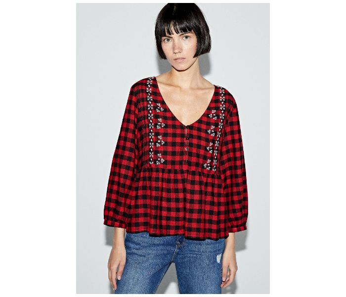 Springfield AW19 Regular Fit Long Sleeve Checked Blouse EU 38 For Women - Black and Red - Zoom Image 1