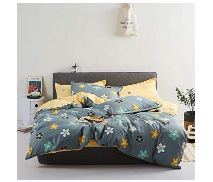 Flower 6 Pieces High Quality Cotton Double Size Bed Sheet with Quilt Cover and Pillow Case – Grey and Yellow - Zoom Image 2